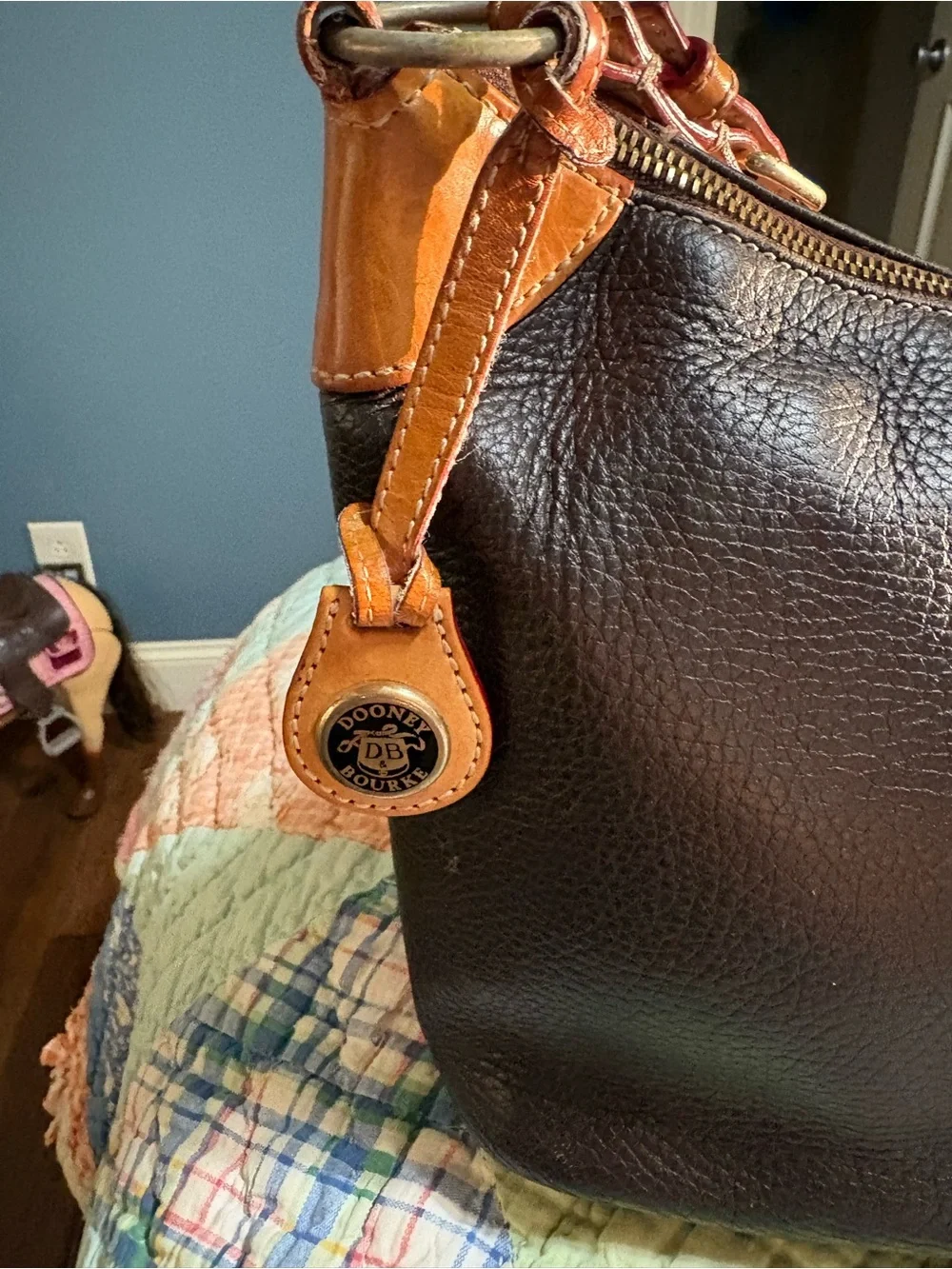 Dooney & Bourke Dark Brown Leather Cosmetic Pouch with Tan Trim